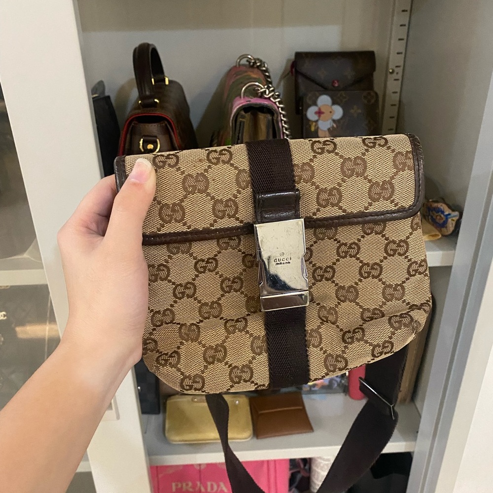 Gucci Brown Monogram Canvas Mini Crossbody Bag with Dark Brown Strap